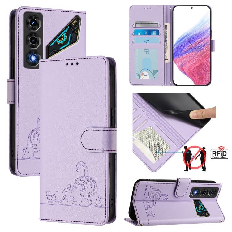 Cat Rat Embossed Pattern RFID Leather Phone Case with Lanyard, For ZTE nubia Neo 5 5G, For ZTE nubia Neo 5 GT 5G, For ZTE Optus X Value 5G, For ZTE Optus X Pro 2 5G, For ZTE nubia RedMagic 11 Air, For ZTE Blade A75 Pro 5G, For ZTE Blade A76 4G         ...