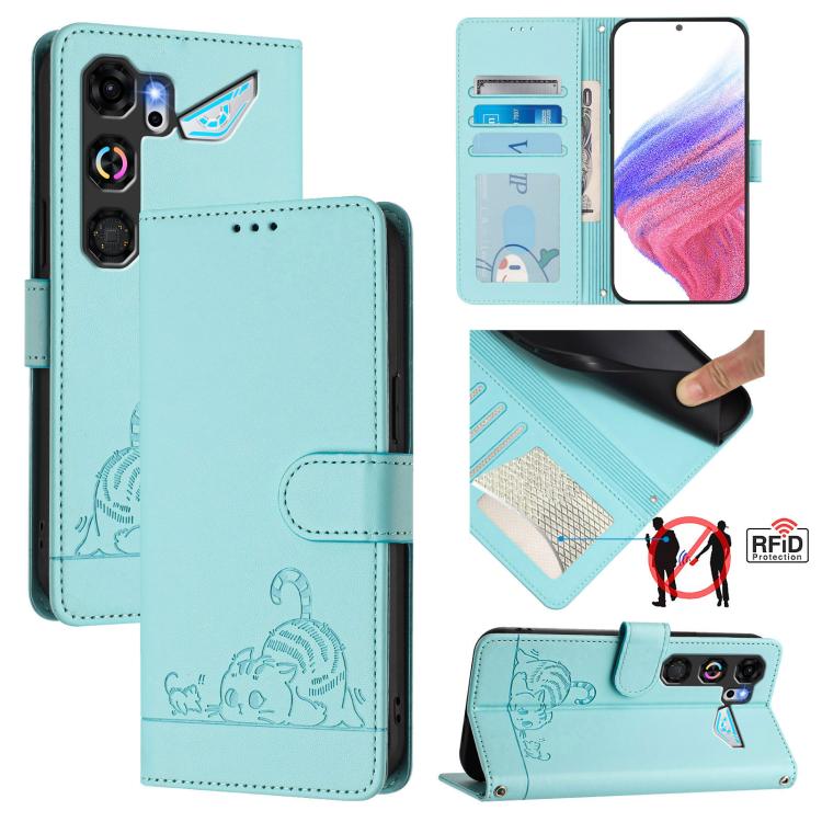 Cat Rat Embossed Pattern RFID Leather Phone Case with Lanyard, For ZTE nubia Neo 5 5G, For ZTE nubia Neo 5 GT 5G, For ZTE Optus X Value 5G, For ZTE Optus X Pro 2 5G, For ZTE nubia RedMagic 11 Air, For ZTE Blade A75 Pro 5G, For ZTE Blade A76 4G         ...