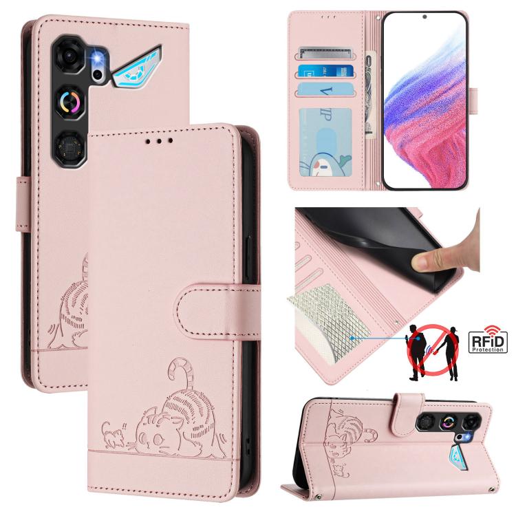 Cat Rat Embossed Pattern RFID Leather Phone Case with Lanyard, For ZTE nubia Neo 5 5G, For ZTE nubia Neo 5 GT 5G, For ZTE Optus X Value 5G, For ZTE Optus X Pro 2 5G, For ZTE nubia RedMagic 11 Air, For ZTE Blade A75 Pro 5G, For ZTE Blade A76 4G         ...