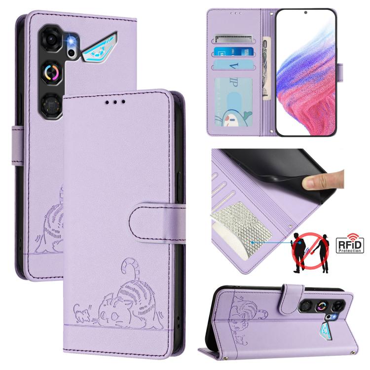 Cat Rat Embossed Pattern RFID Leather Phone Case with Lanyard, For ZTE nubia Neo 5 5G, For ZTE nubia Neo 5 GT 5G, For ZTE Optus X Value 5G, For ZTE Optus X Pro 2 5G, For ZTE nubia RedMagic 11 Air, For ZTE Blade A75 Pro 5G, For ZTE Blade A76 4G         ...