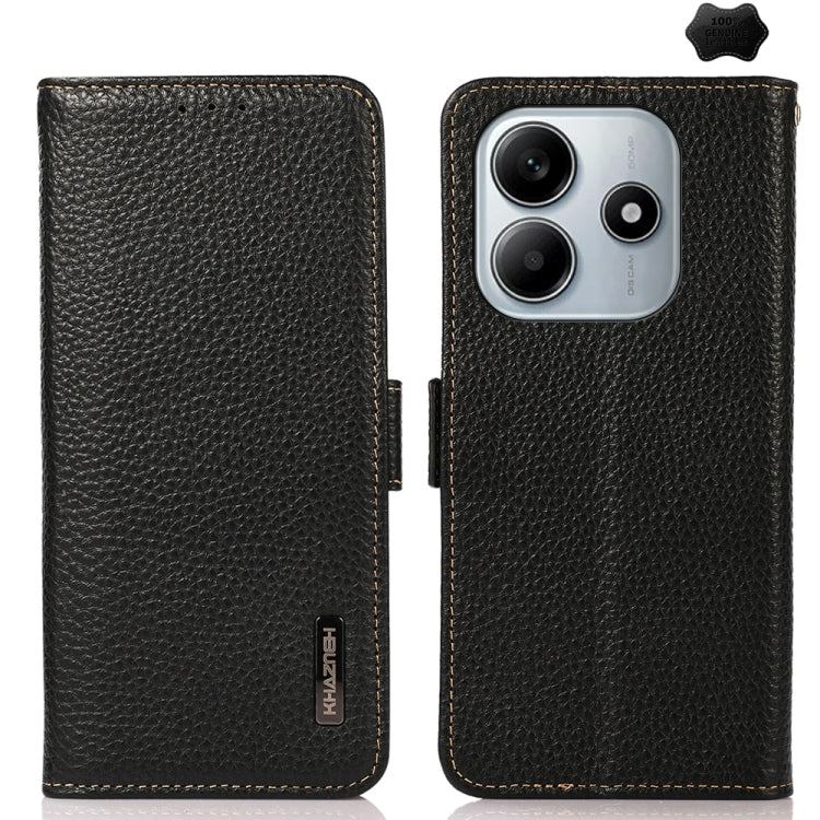 KHAZNEH Side-Magnetic Litchi Genuine Leather RFID Phone Case, For Redmi Turbo 4 Pro, For Redmi Turbo 4 / Poco X7 Pro, For Redmi Note 14 5G, For Redmi Note 14 Pro 5G, For Redmi 14C 4G, For Redmi 13 4G