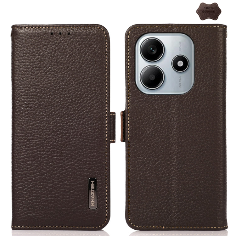KHAZNEH Side-Magnetic Litchi Genuine Leather RFID Phone Case, For Redmi Turbo 4 Pro, For Redmi Turbo 4 / Poco X7 Pro, For Redmi Note 14 5G, For Redmi Note 14 Pro 5G, For Redmi 14C 4G, For Redmi 13 4G