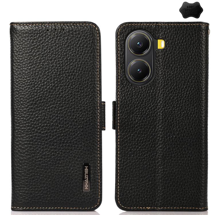 KHAZNEH Side-Magnetic Litchi Genuine Leather RFID Phone Case, For Redmi Turbo 4 Pro, For Redmi Turbo 4 / Poco X7 Pro, For Redmi Note 14 5G, For Redmi Note 14 Pro 5G, For Redmi 14C 4G, For Redmi 13 4G