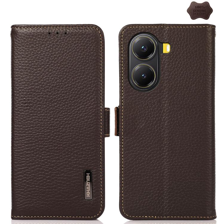 KHAZNEH Side-Magnetic Litchi Genuine Leather RFID Phone Case, For Redmi Turbo 4 Pro, For Redmi Turbo 4 / Poco X7 Pro, For Redmi Note 14 5G, For Redmi Note 14 Pro 5G, For Redmi 14C 4G, For Redmi 13 4G