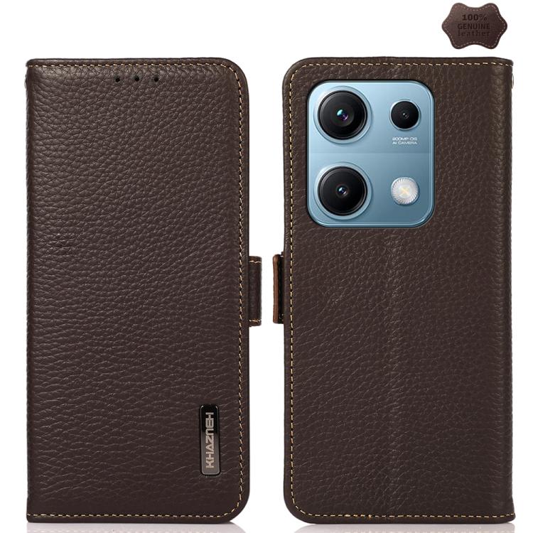 KHAZNEH Side-Magnetic Litchi Genuine Leather RFID Phone Case, For Redmi A7 Pro 171mm / Poco C85x 5G, For Redmi Turbo 5 Max 5G / Poco X8 Pro Max 5G, For Redmi Turbo 5 5G / Poco X8 Pro 5G, For Redmi Note 15 Pro+ 5G Global 163.3mm                         ...