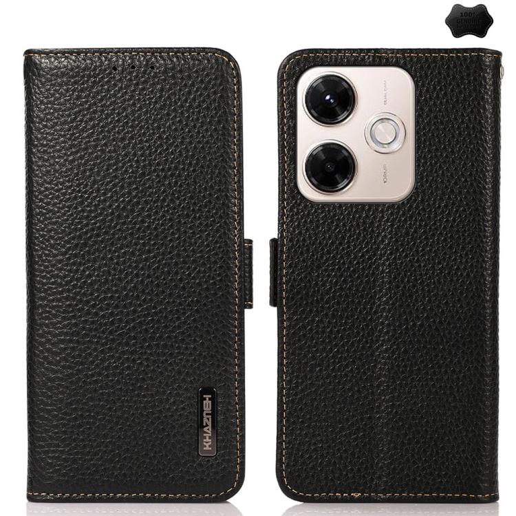 KHAZNEH Side-Magnetic Litchi Genuine Leather RFID Phone Case, For Redmi A7 Pro 171mm / Poco C85x 5G, For Redmi Turbo 5 Max 5G / Poco X8 Pro Max 5G, For Redmi Turbo 5 5G / Poco X8 Pro 5G, For Redmi Note 15 Pro+ 5G Global 163.3mm                         ...