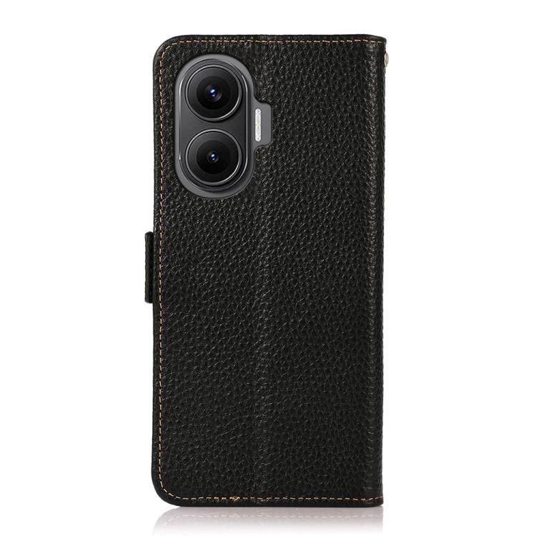 KHAZNEH Side-Magnetic Litchi Genuine Leather RFID Phone Case, For Redmi Turbo 4 Pro, For Redmi Turbo 4 / Poco X7 Pro, For Redmi Note 14 5G, For Redmi Note 14 Pro 5G, For Redmi 14C 4G, For Redmi 13 4G