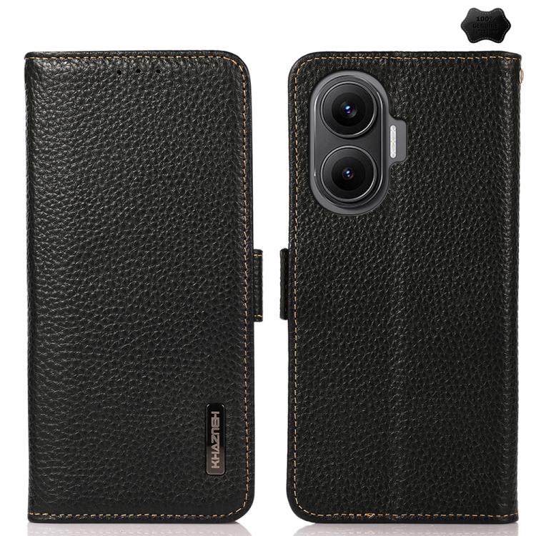 KHAZNEH Side-Magnetic Litchi Genuine Leather RFID Phone Case, For Redmi Turbo 4 Pro, For Redmi Turbo 4 / Poco X7 Pro, For Redmi Note 14 5G, For Redmi Note 14 Pro 5G, For Redmi 14C 4G, For Redmi 13 4G