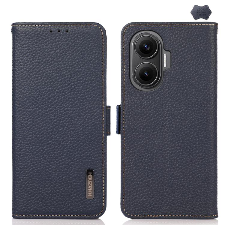 KHAZNEH Side-Magnetic Litchi Genuine Leather RFID Phone Case, For Redmi Turbo 4 Pro, For Redmi Turbo 4 / Poco X7 Pro, For Redmi Note 14 5G, For Redmi Note 14 Pro 5G, For Redmi 14C 4G, For Redmi 13 4G