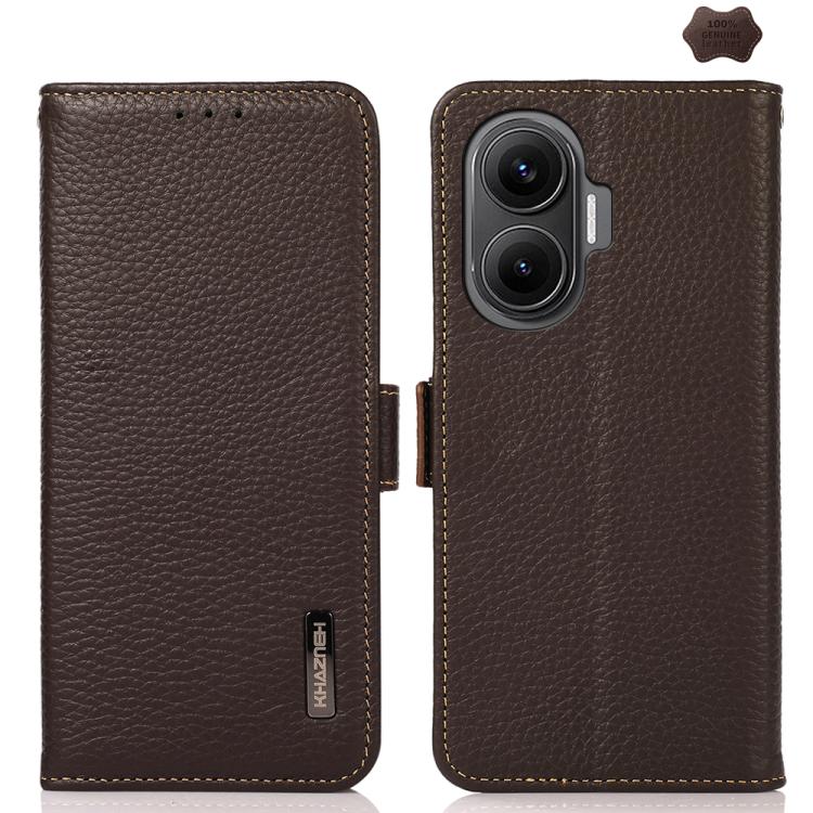 KHAZNEH Side-Magnetic Litchi Genuine Leather RFID Phone Case, For Redmi Turbo 4 Pro, For Redmi Turbo 4 / Poco X7 Pro, For Redmi Note 14 5G, For Redmi Note 14 Pro 5G, For Redmi 14C 4G, For Redmi 13 4G