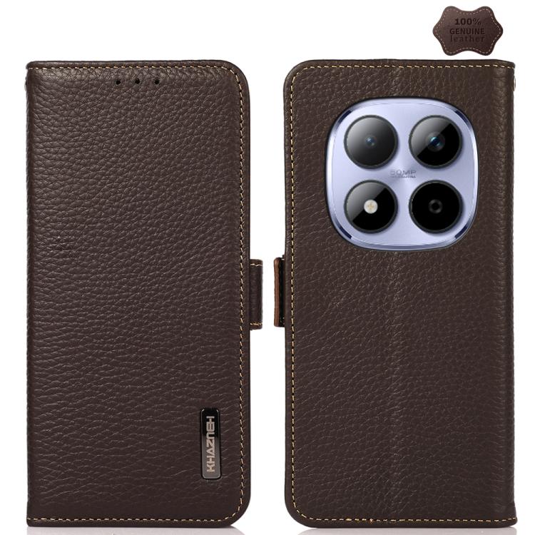 KHAZNEH Side-Magnetic Litchi Genuine Leather RFID Phone Case, For Redmi A7 Pro 171mm / Poco C85x 5G, For Redmi Turbo 5 Max 5G / Poco X8 Pro Max 5G, For Redmi Turbo 5 5G / Poco X8 Pro 5G, For Redmi Note 15 Pro+ 5G Global 163.3mm                         ...