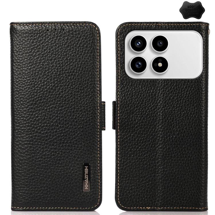 KHAZNEH Side-Magnetic Litchi Genuine Leather RFID Phone Case, For Redmi A7 Pro 171mm / Poco C85x 5G, For Redmi Turbo 5 Max 5G / Poco X8 Pro Max 5G, For Redmi Turbo 5 5G / Poco X8 Pro 5G, For Redmi Note 15 Pro+ 5G Global 163.3mm                         ...