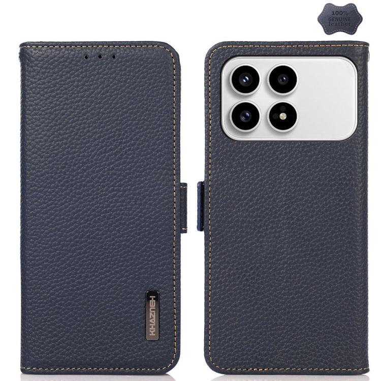 KHAZNEH Side-Magnetic Litchi Genuine Leather RFID Phone Case, For Redmi A7 Pro 171mm / Poco C85x 5G, For Redmi Turbo 5 Max 5G / Poco X8 Pro Max 5G, For Redmi Turbo 5 5G / Poco X8 Pro 5G, For Redmi Note 15 Pro+ 5G Global 163.3mm                         ...