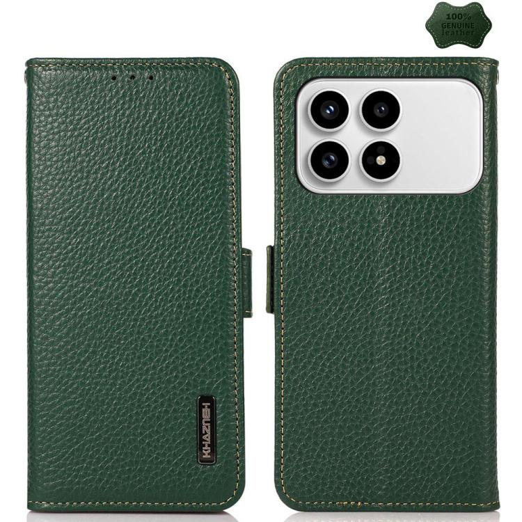 KHAZNEH Side-Magnetic Litchi Genuine Leather RFID Phone Case, For Redmi A7 Pro 171mm / Poco C85x 5G, For Redmi Turbo 5 Max 5G / Poco X8 Pro Max 5G, For Redmi Turbo 5 5G / Poco X8 Pro 5G, For Redmi Note 15 Pro+ 5G Global 163.3mm                         ...