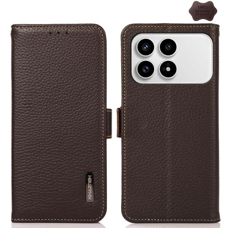 KHAZNEH Side-Magnetic Litchi Genuine Leather RFID Phone Case, For Redmi A7 Pro 171mm / Poco C85x 5G, For Redmi Turbo 5 Max 5G / Poco X8 Pro Max 5G, For Redmi Turbo 5 5G / Poco X8 Pro 5G, For Redmi Note 15 Pro+ 5G Global 163.3mm                         ...