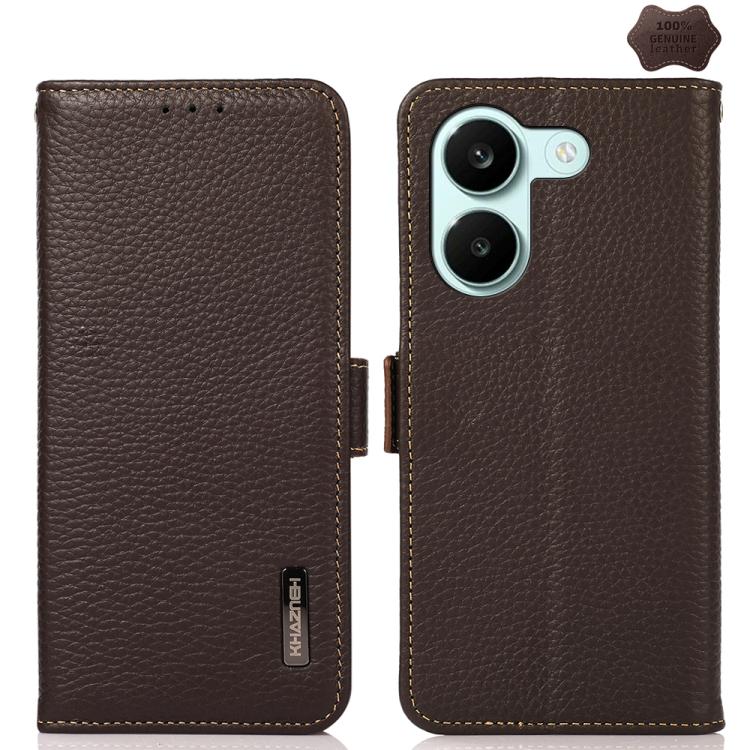 KHAZNEH Side-Magnetic Litchi Genuine Leather RFID Phone Case, For Redmi Note 17 4G Global 171mm, For Redmi A7 Pro 171mm / Poco C85x 5G, For Redmi Turbo 5 Max 5G / Poco X8 Pro Max 5G, For Redmi Turbo 5 5G / Poco X8 Pro 5G                                ...