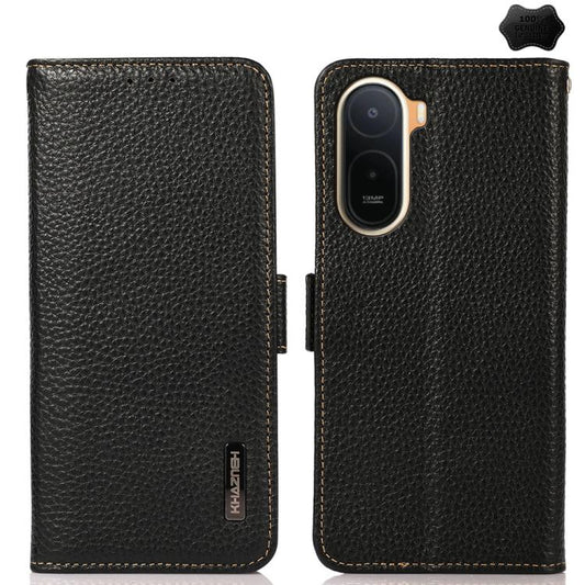 KHAZNEH Side-Magnetic Litchi Genuine Leather RFID Phone Case, For Redmi A7 Pro 171mm / Poco C85x 5G, For Redmi Turbo 5 Max 5G / Poco X8 Pro Max 5G, For Redmi Turbo 5 5G / Poco X8 Pro 5G, For Redmi Note 15 Pro+ 5G Global 163.3mm                         ...