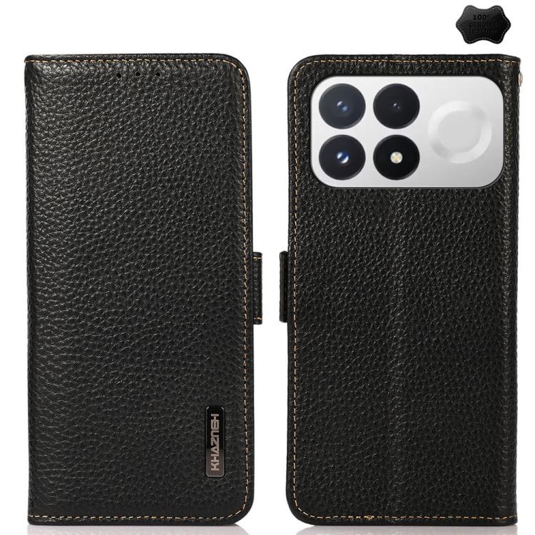 KHAZNEH Side-Magnetic Litchi Genuine Leather RFID Phone Case, For Redmi Note 17 4G Global 169.7mm, For Redmi Note 17 Pro+ 5G Global 163.4mm, For Redmi Note 17 Pro 5G Global 163.5mm, For Redmi K100 Pro Max/Poco F9 Ultra 5G                               ...