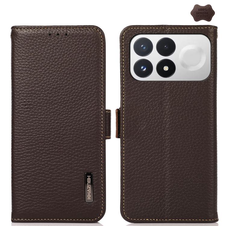 KHAZNEH Side-Magnetic Litchi Genuine Leather RFID Phone Case, For Redmi Note 17 4G Global 169.7mm, For Redmi Note 17 Pro+ 5G Global 163.4mm, For Redmi Note 17 Pro 5G Global 163.5mm, For Redmi K100 Pro Max/Poco F9 Ultra 5G                               ...