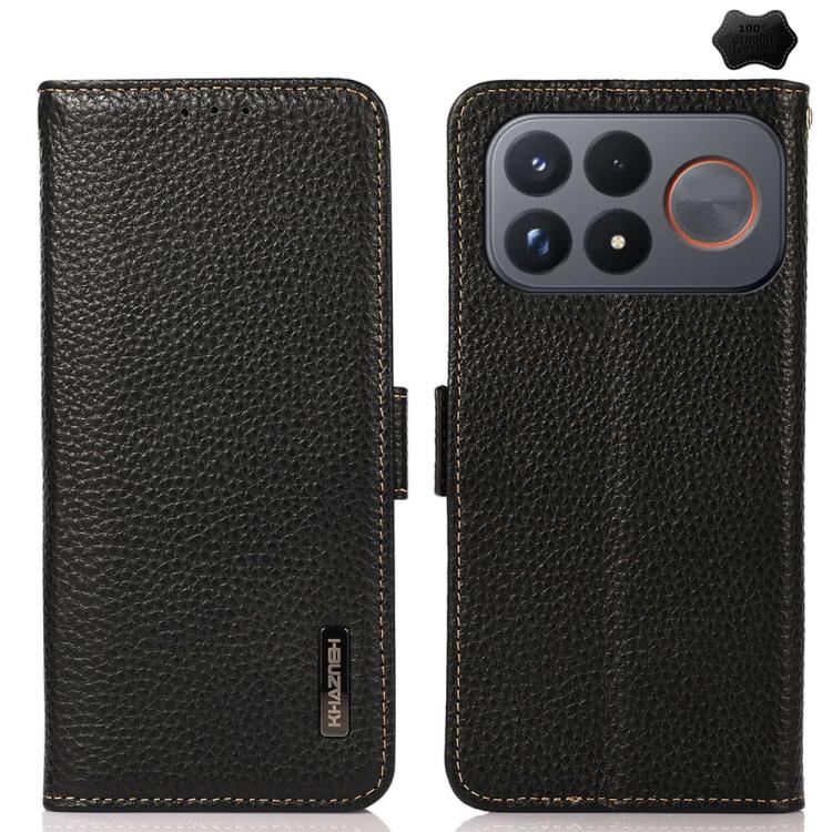 KHAZNEH Side-Magnetic Litchi Genuine Leather RFID Phone Case, For Redmi Note 17 4G Global 169.7mm, For Redmi Note 17 Pro+ 5G Global 163.4mm, For Redmi Note 17 Pro 5G Global 163.5mm, For Redmi K100 Pro Max/Poco F9 Ultra 5G                               ...