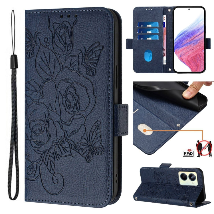 Embossed Rose RFID Anti-theft Leather Phone Case, For Realme GT5 5G / GT5 5G 240W, For Realme Narzo 60 Pro, For Realme C65 4G Global, For Realme C55 4G Global / Narzo N55, For Realme C33 2022 / C33 2023 Global, For Realme 10T 5G / 10s 5G / 9i 5G Indian...