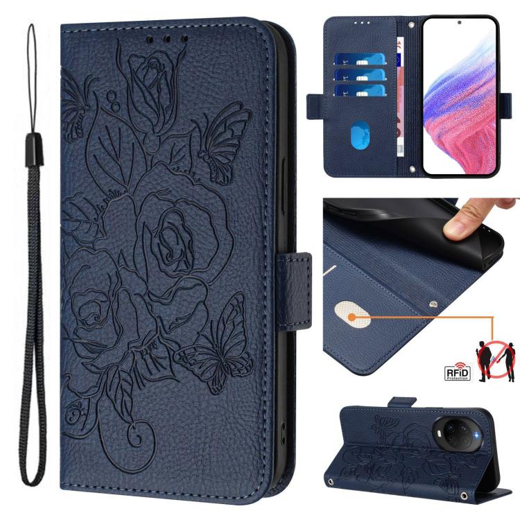 Embossed Rose RFID Anti-theft Leather Phone Case, For Huawei nova 16z, For Huawei nova 16, For Huawei Pura 90 Pro Max, For Huawei Pura 90 Pro, For Huawei Mate 70 Air, For Huawei Enjoy 80s, For Huawei nova 14 Ultra 5G, For Huawei nova 14 Pro 5G