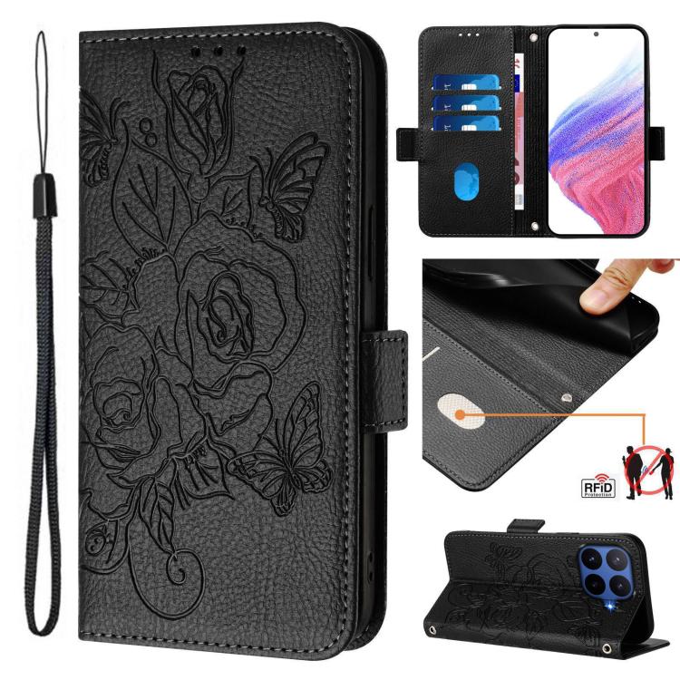 Embossed Rose RFID Anti-theft Leather Phone Case, For Xiaomi 17 Max 5G, For Xiaomi 17T Pro 5G, For Xiaomi Poco M7 4G 169mm, For Redmi 15 5G Global / 15 4G SEA 169.5mm, For Xiaomi 15T Pro 5G, For Xiaomi 15T 5G, For Xiaomi Civi 5 Pro 5G                  ...