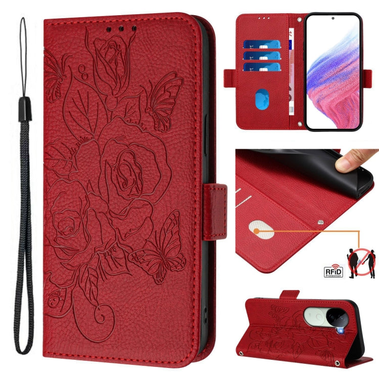 Embossed Rose RFID Anti-theft Leather Phone Case, For vivo V40 Lite 5G IDN, For vivo iQOO Z9s 5G / V40e 5G India, For vivo Y300 Pro, For vivo iQOO Z9s Pro 5G / T3 Pro 5G India, For vivo S19 Pro, For vivo S19, For vivo Y28 4G, For vivo X100s 5G