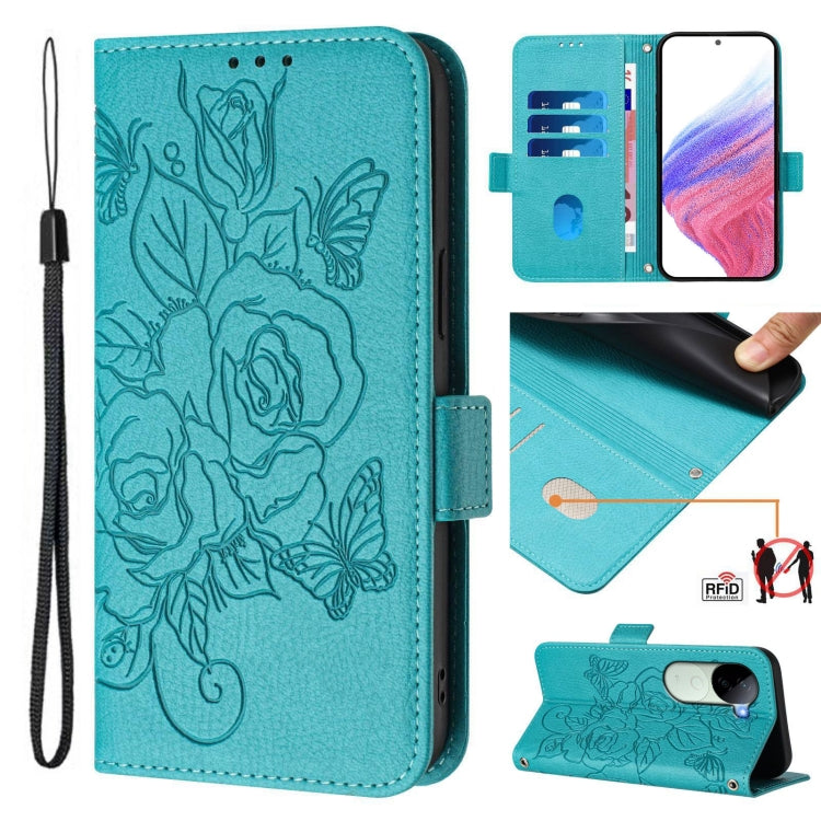 Embossed Rose RFID Anti-theft Leather Phone Case, For vivo V40 Lite 5G IDN, For vivo iQOO Z9s 5G / V40e 5G India, For vivo Y300 Pro, For vivo iQOO Z9s Pro 5G / T3 Pro 5G India, For vivo S19 Pro, For vivo S19, For vivo Y28 4G, For vivo X100s 5G