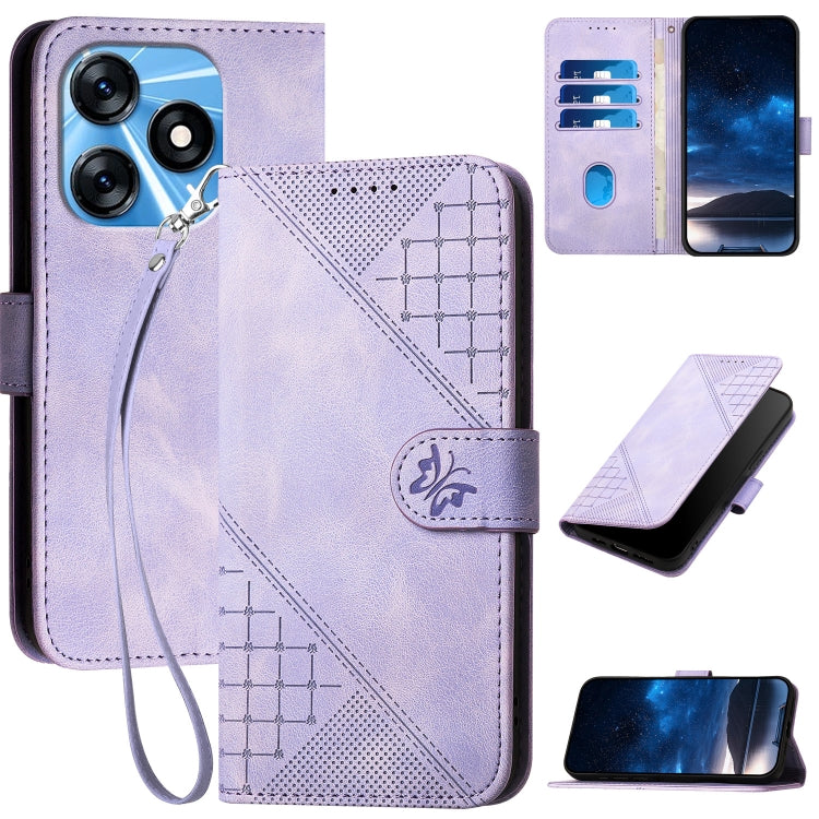 Grid Butterfly Embossed Pattern Leather Phone Case with Lanyard, For Tecno Pop 7 / 7 Pro, For Tecno Spark 10C, For Tecno Spark 10 4G, For Tecno Spark Go 2023, For Tecno Spark 10 Pro, For Tecno Pova 4, For Tecno Pova 3