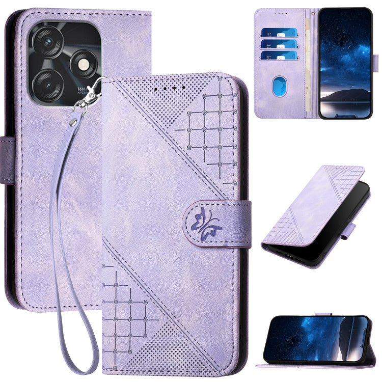 Grid Butterfly Embossed Pattern Leather Phone Case with Lanyard, For Tecno Pop 7 / 7 Pro, For Tecno Spark 10C, For Tecno Spark 10 4G, For Tecno Spark Go 2023, For Tecno Spark 10 Pro, For Tecno Pova 4, For Tecno Pova 3