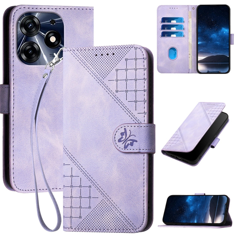Grid Butterfly Embossed Pattern Leather Phone Case with Lanyard, For Tecno Pop 7 / 7 Pro, For Tecno Spark 10C, For Tecno Spark 10 4G, For Tecno Spark Go 2023, For Tecno Spark 10 Pro, For Tecno Pova 4, For Tecno Pova 3