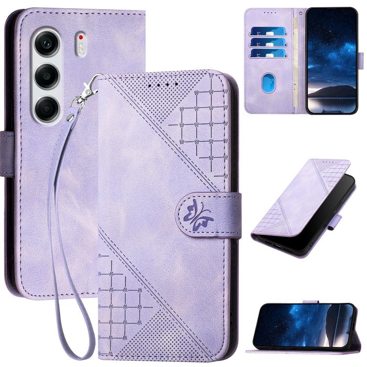 Grid Butterfly Embossed Pattern Leather Phone Case with Lanyard, For Tecno Camon 40 Pro 4G, For Tecno Camon 40 Premier, For Tecno Camon 40 4G, For Tecno Spark 30C 5G / Pop 9 5G, For Tecno Pova 6 Neo 5G / Spark 30 5G, For Tecno Spark 30 Pro 4G          ...