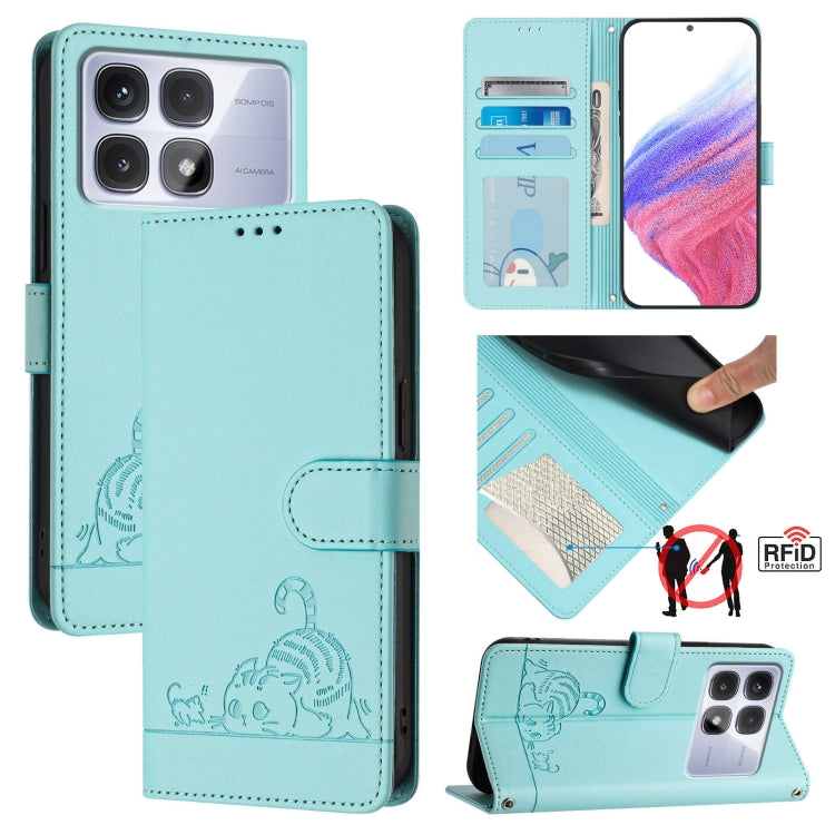 Cat Rat Embossed Pattern RFID Leather Phone Case with Lanyard, For Redmi Note 14 5G, For Redmi Note 14 Pro 5G, For Redmi 14C 4G, For Redmi K70 Ultra 5G Global, For Redmi 13 4G