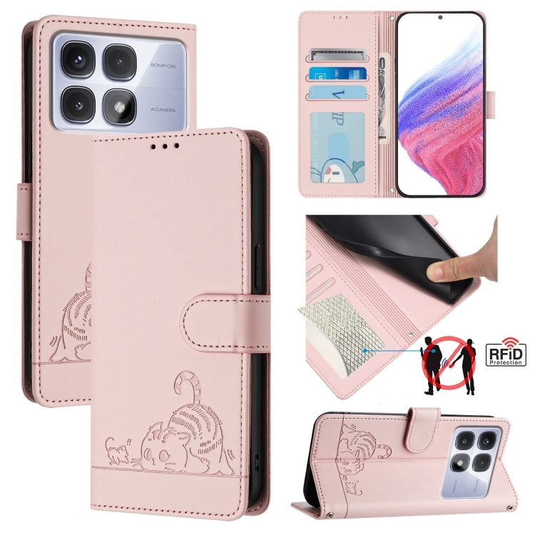 Cat Rat Embossed Pattern RFID Leather Phone Case with Lanyard, For Redmi Note 14 5G, For Redmi Note 14 Pro 5G, For Redmi 14C 4G, For Redmi K70 Ultra 5G Global, For Redmi 13 4G