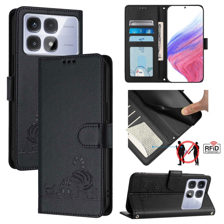 Cat Rat Embossed Pattern RFID Leather Phone Case with Lanyard, For Redmi Note 14 5G, For Redmi Note 14 Pro 5G, For Redmi 14C 4G, For Redmi K70 Ultra 5G Global, For Redmi 13 4G