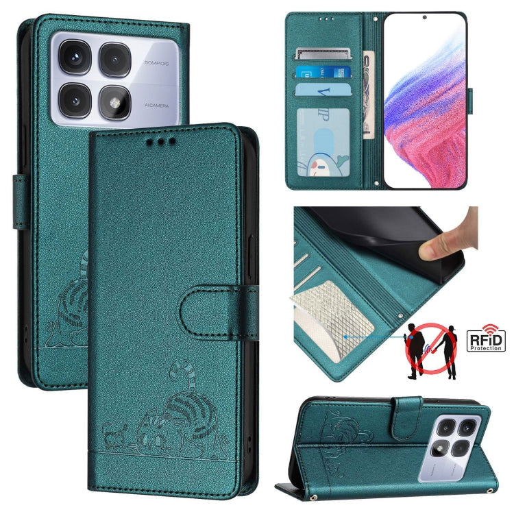 Cat Rat Embossed Pattern RFID Leather Phone Case with Lanyard, For Redmi Note 14 5G, For Redmi Note 14 Pro 5G, For Redmi 14C 4G, For Redmi K70 Ultra 5G Global, For Redmi 13 4G