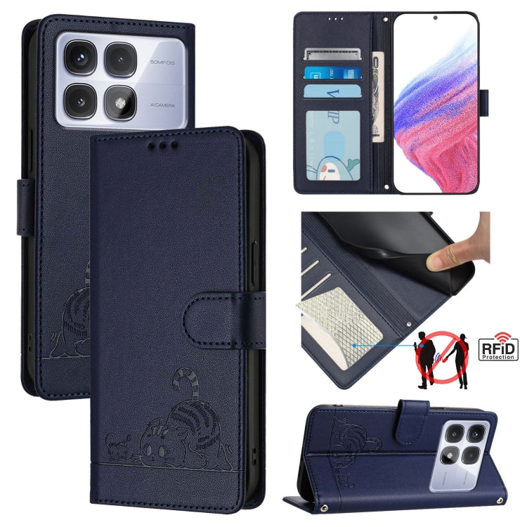 Cat Rat Embossed Pattern RFID Leather Phone Case with Lanyard, For Redmi Note 14 5G, For Redmi Note 14 Pro 5G, For Redmi 14C 4G, For Redmi K70 Ultra 5G Global, For Redmi 13 4G