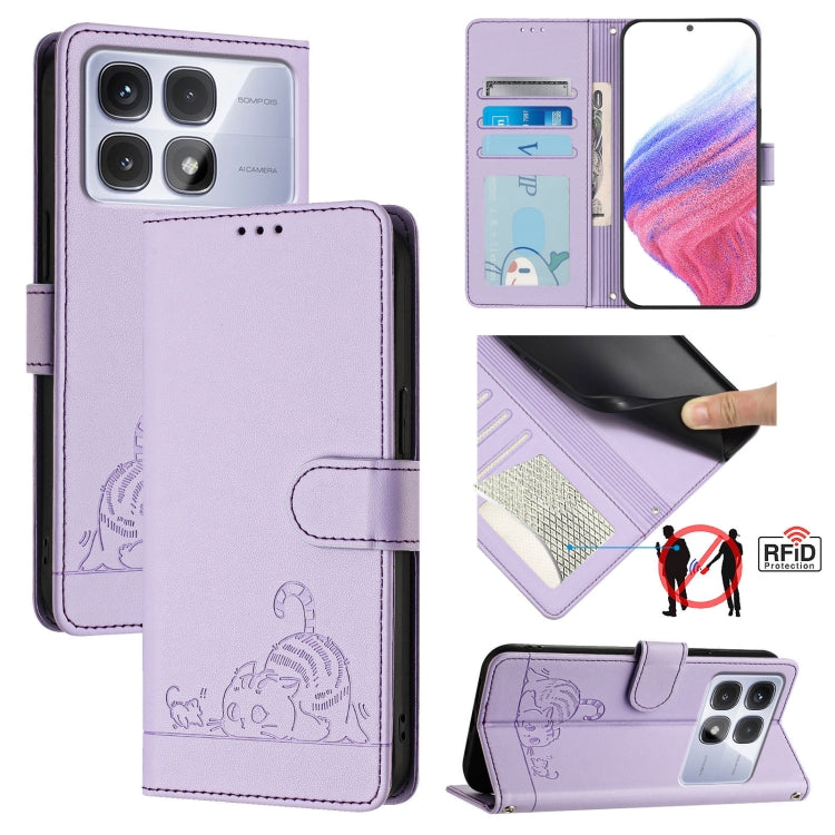Cat Rat Embossed Pattern RFID Leather Phone Case with Lanyard, For Redmi Note 14 5G, For Redmi Note 14 Pro 5G, For Redmi 14C 4G, For Redmi K70 Ultra 5G Global, For Redmi 13 4G