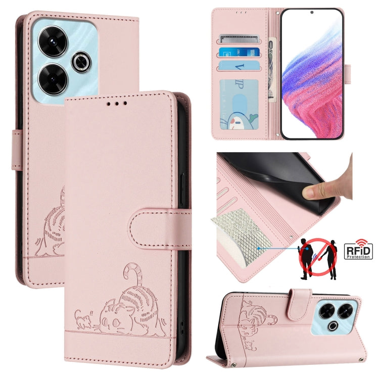 Cat Rat Embossed Pattern RFID Leather Phone Case with Lanyard, For Redmi Note 14 5G, For Redmi Note 14 Pro 5G, For Redmi 14C 4G, For Redmi K70 Ultra 5G Global, For Redmi 13 4G