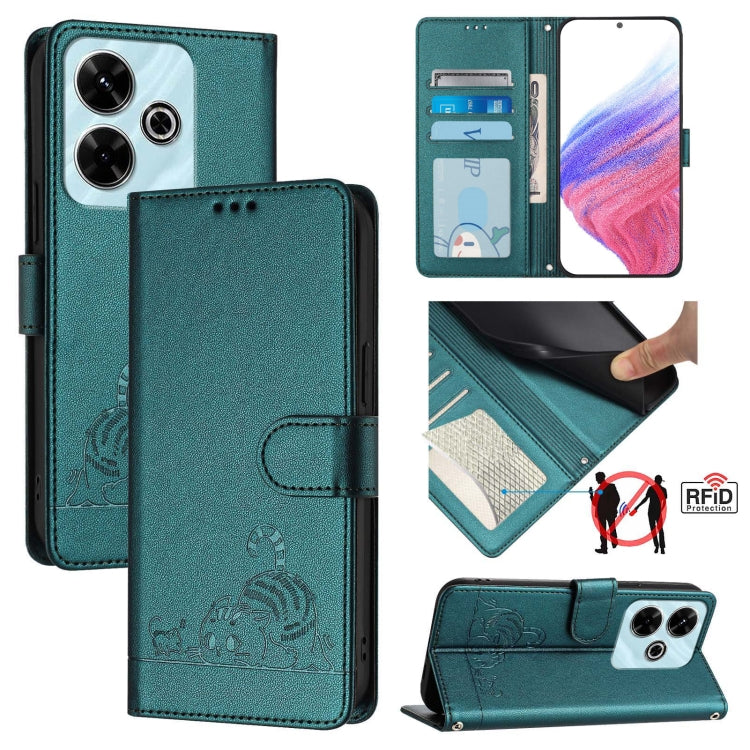 Cat Rat Embossed Pattern RFID Leather Phone Case with Lanyard, For Redmi Note 14 5G, For Redmi Note 14 Pro 5G, For Redmi 14C 4G, For Redmi K70 Ultra 5G Global, For Redmi 13 4G