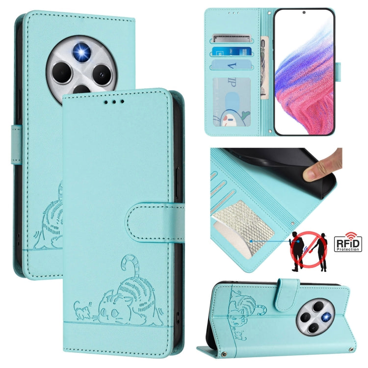 Cat Rat Embossed Pattern RFID Leather Phone Case with Lanyard, For Redmi Note 14 5G, For Redmi Note 14 Pro 5G, For Redmi 14C 4G, For Redmi K70 Ultra 5G Global, For Redmi 13 4G