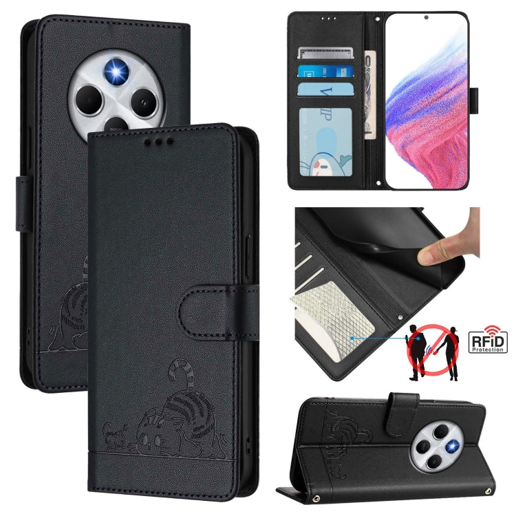 Cat Rat Embossed Pattern RFID Leather Phone Case with Lanyard, For Redmi Note 14 5G, For Redmi Note 14 Pro 5G, For Redmi 14C 4G, For Redmi K70 Ultra 5G Global, For Redmi 13 4G