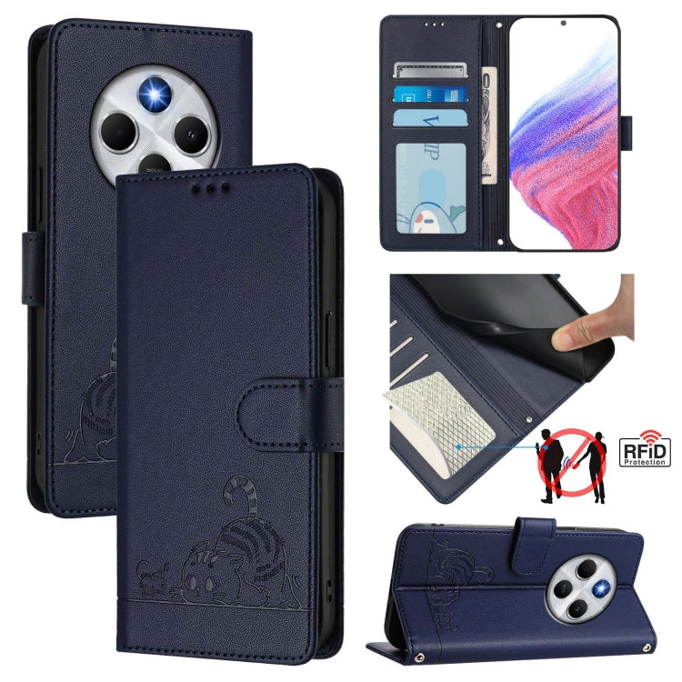 Cat Rat Embossed Pattern RFID Leather Phone Case with Lanyard, For Redmi Note 14 5G, For Redmi Note 14 Pro 5G, For Redmi 14C 4G, For Redmi K70 Ultra 5G Global, For Redmi 13 4G