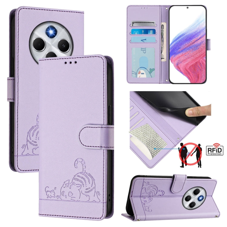 Cat Rat Embossed Pattern RFID Leather Phone Case with Lanyard, For Redmi Note 14 5G, For Redmi Note 14 Pro 5G, For Redmi 14C 4G, For Redmi K70 Ultra 5G Global, For Redmi 13 4G