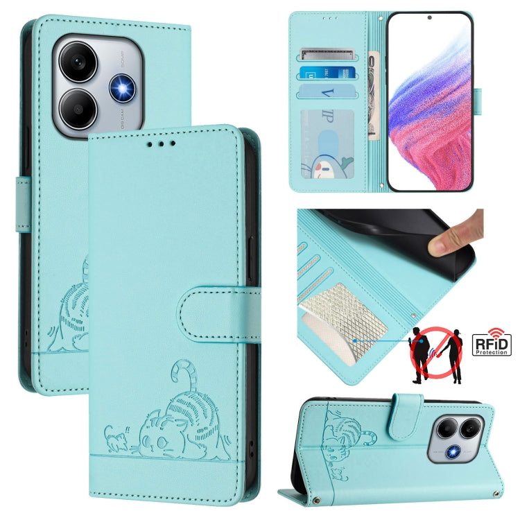 Cat Rat Embossed Pattern RFID Leather Phone Case with Lanyard, For Redmi Note 14 5G, For Redmi Note 14 Pro 5G, For Redmi 14C 4G, For Redmi K70 Ultra 5G Global, For Redmi 13 4G