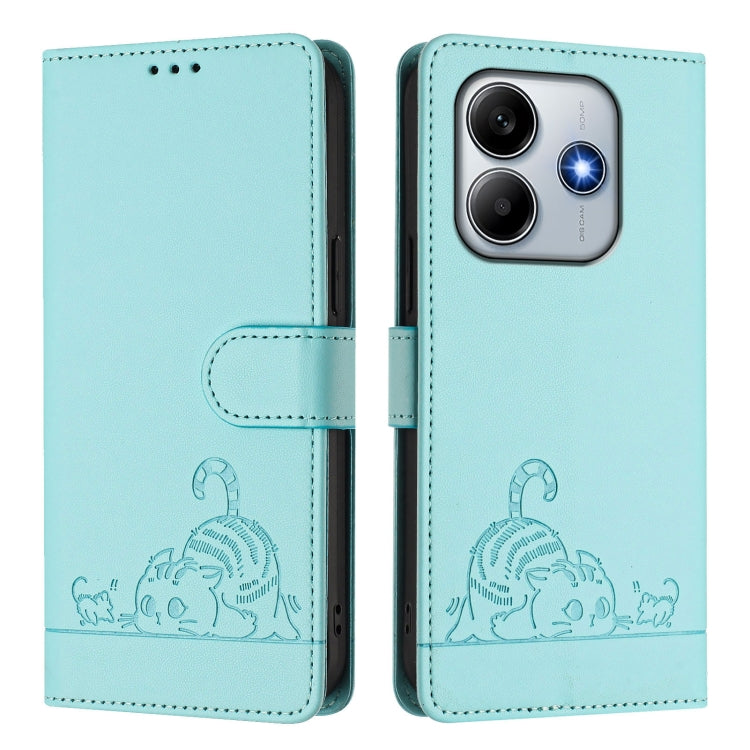 Cat Rat Embossed Pattern RFID Leather Phone Case with Lanyard, For Redmi Note 14 5G, For Redmi Note 14 Pro 5G, For Redmi 14C 4G, For Redmi K70 Ultra 5G Global, For Redmi 13 4G