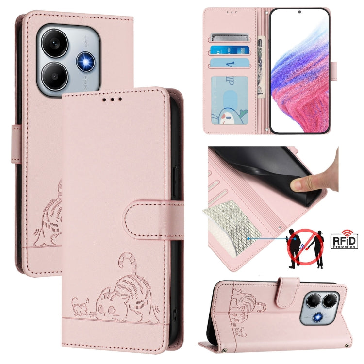 Cat Rat Embossed Pattern RFID Leather Phone Case with Lanyard, For Redmi Note 14 5G, For Redmi Note 14 Pro 5G, For Redmi 14C 4G, For Redmi K70 Ultra 5G Global, For Redmi 13 4G