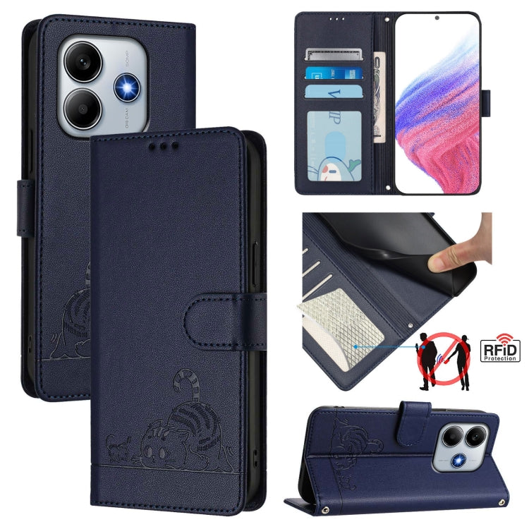 Cat Rat Embossed Pattern RFID Leather Phone Case with Lanyard, For Redmi Note 14 5G, For Redmi Note 14 Pro 5G, For Redmi 14C 4G, For Redmi K70 Ultra 5G Global, For Redmi 13 4G