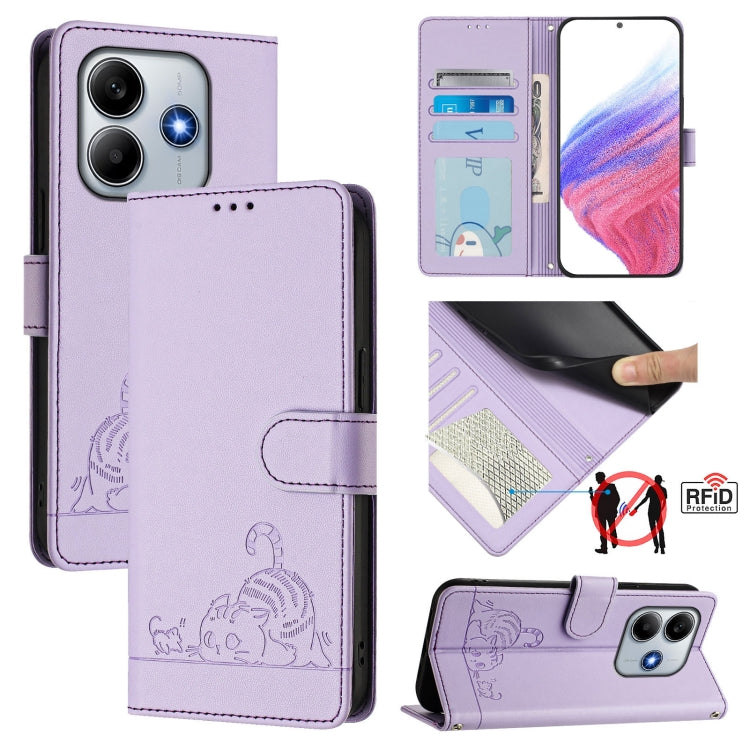 Cat Rat Embossed Pattern RFID Leather Phone Case with Lanyard, For Redmi Note 14 5G, For Redmi Note 14 Pro 5G, For Redmi 14C 4G, For Redmi K70 Ultra 5G Global, For Redmi 13 4G